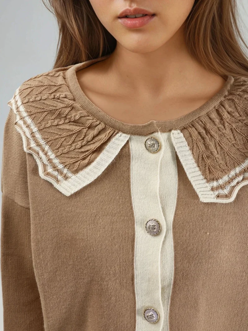 MY FASHION Camel Brown MY FASHION Button-Up Baby Collar Knit Sweater for Women | Best Price UAE