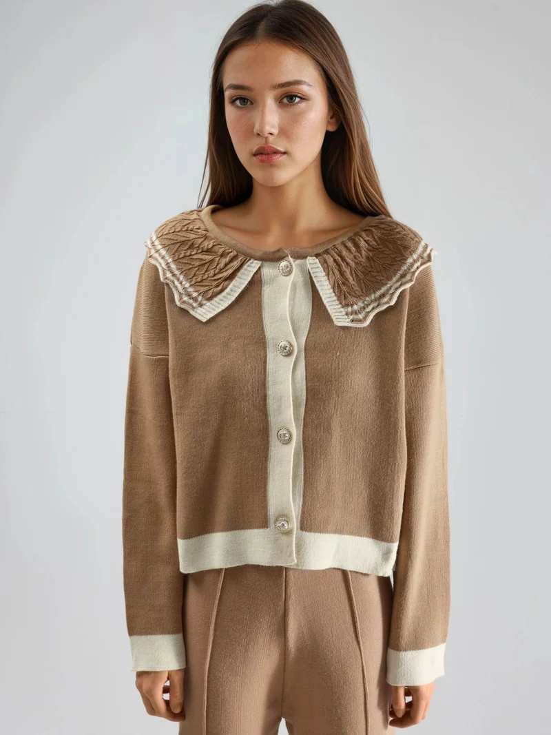 My Fashion Camel Brown MY FASHION Button-Up Baby Collar Knit Sweater for Women | Best Price UAE