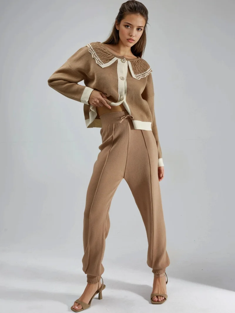 My Fashion Camel Brown MY FASHION Button-Up Baby Collar Knit Sweater for Women | Best Price UAE