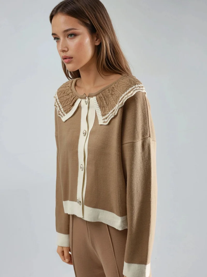 My Fashion Camel Brown MY FASHION Button-Up Baby Collar Knit Sweater for Women | Best Price UAE