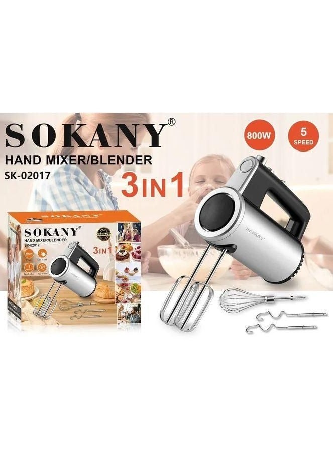 sokany Sokany 3 in 1 Stainless Steel Egg Beater, 5 Speeds, 800 Watts (SK-02017) with Whipping and Kneading Blades - 1 Year Warranty - Image 1