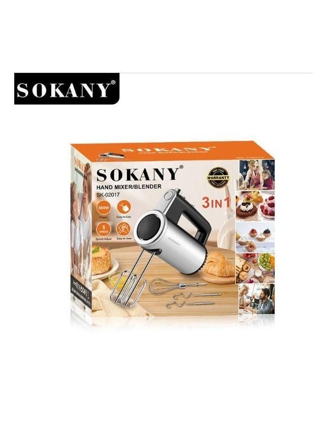 sokany Sokany 3 in 1 Stainless Steel Egg Beater, 5 Speeds, 800 Watts (SK-02017) with Whipping and Kneading Blades - 1 Year Warranty - Image 3