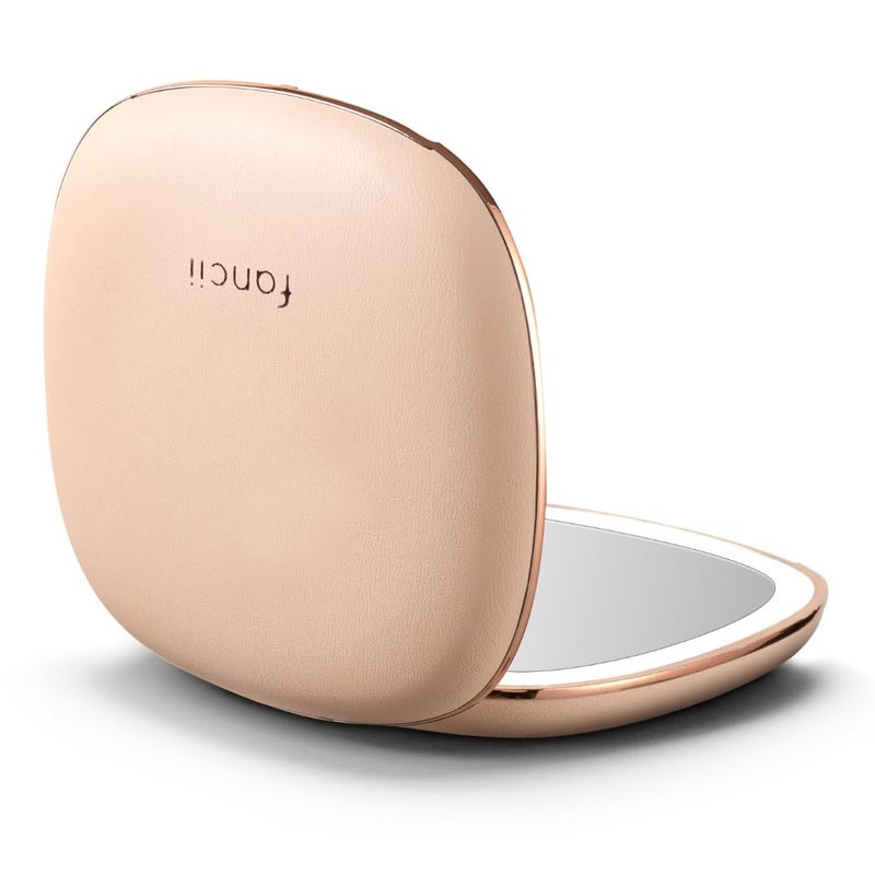 Fancii Mila 2 Compact Makeup Mirror with LED Light Rechargeable 10x 1x Magnifying TruGlow Lighting System Vegan Leather Small Travel Mirror for Purses Champagne Cream - Image 2