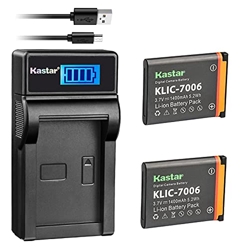 Kastar Battery x2 and Slim LCD Charger Replacement for Kodak KLIC-7006 EasyShare M22, M23, M200, M522, M530, M531, M532, M550, M552, M575, M577, M580, M583, M750, M873, M883, M5350, M5370, MD30, Mini - Image 1