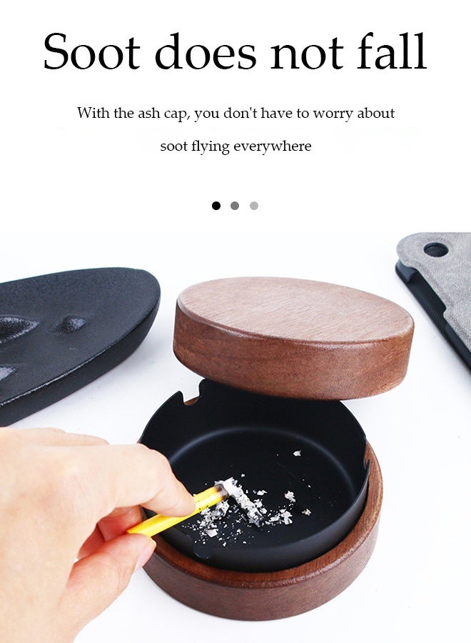 DUNISO Wooden ashtray, portable circular ashtray with lid, stainless steel inner box, windproof and odorproof, rotatable, suitable for indoor and outdoor, terrace, office and home, 11.5 * 11.5 * 5cm - Image 2