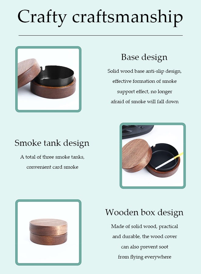 DUNISO Wooden ashtray, portable circular ashtray with lid, stainless steel inner box, windproof and odorproof, rotatable, suitable for indoor and outdoor, terrace, office and home, 11.5 * 11.5 * 5cm - Image 5