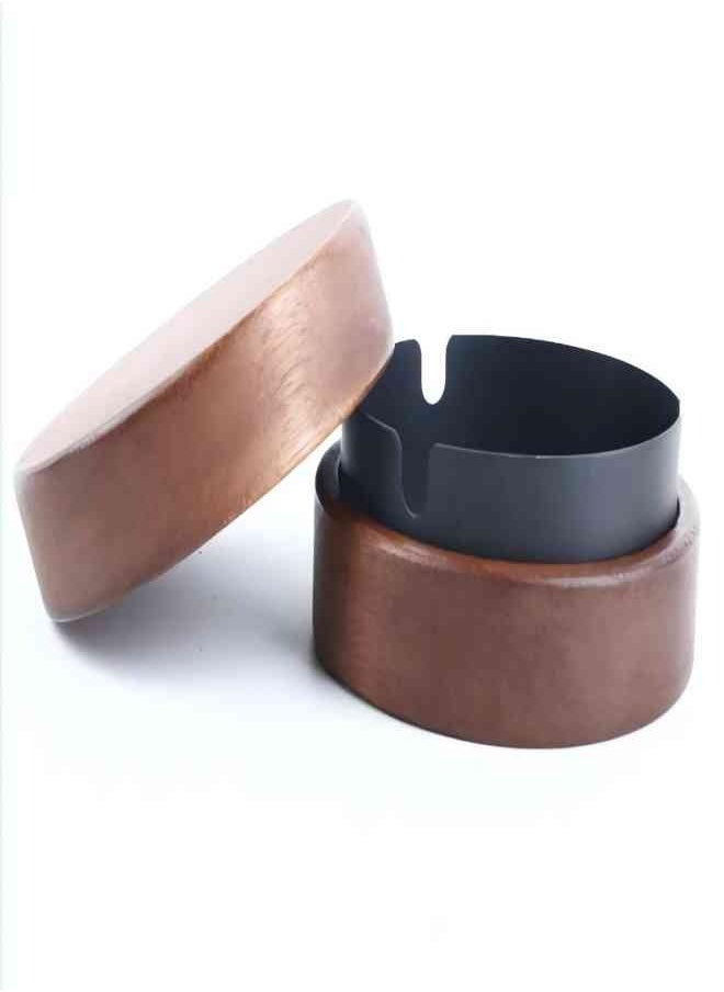 DUNISO Wooden ashtray, portable circular ashtray with lid, stainless steel inner box, windproof and odorproof, rotatable, suitable for indoor and outdoor, terrace, office and home, 11.5 * 11.5 * 5cm 