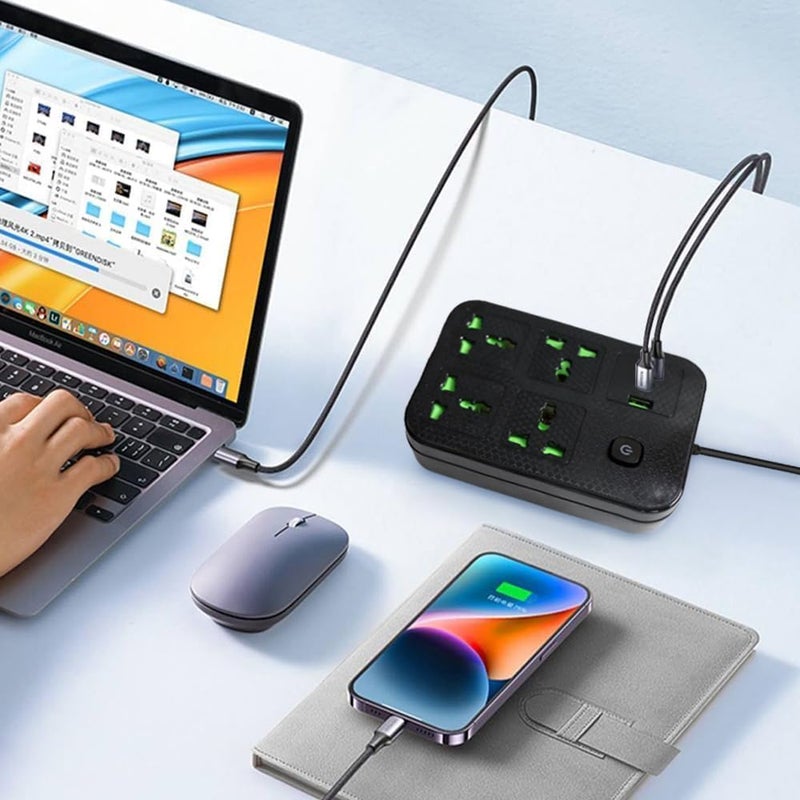 نكومي واقي التيار الزائد Necomi 7 في 1، لوحة طاقة عالمية، سلك تمديد طاقة مع مقبس، مع 4 مقابس طاقة ذكية، 2 USB (2.1A)، منفذ Type-C واحد، مقبس تمديد مناسب للمكاتب المنزلية (5 متر/أسود) - Image 5