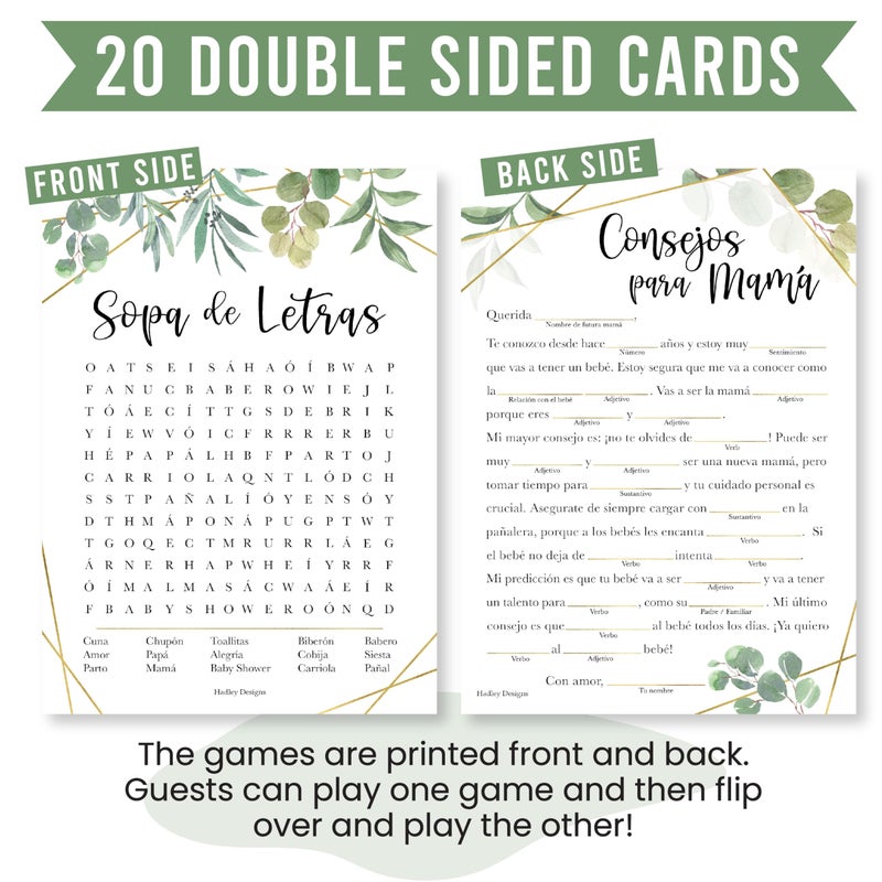Hadley Designs 20 Greenery Juegos para Baby Shower En EspaÃ±ola-Juegos De Baby Shower, Hilarious Games in Spanish, Bingo EspaÃ±ola, Quien Conoce Mas A Mama - Image 4
