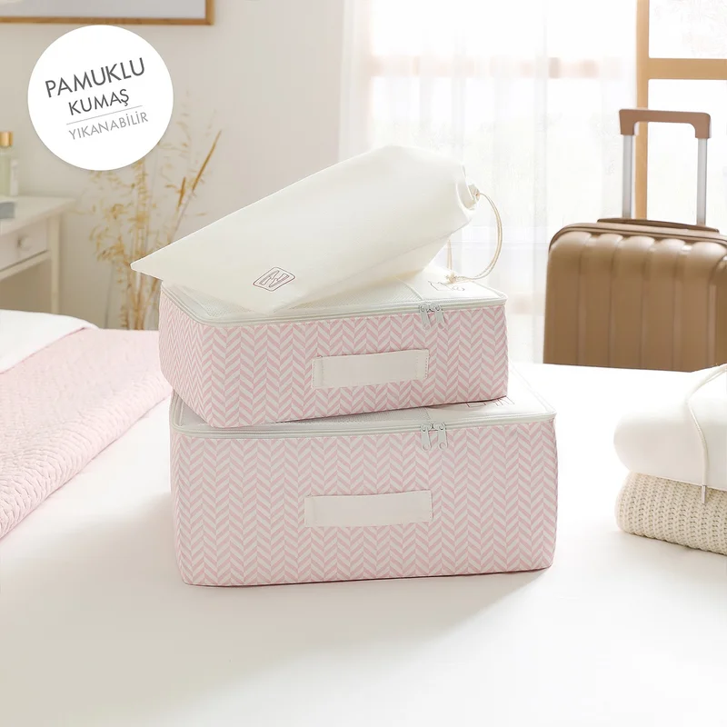 Ocean Home Textile 3-Piece Washable Pink Patterned Cotton Fabric Suitcase Organizer Suitcase Organizer Set
