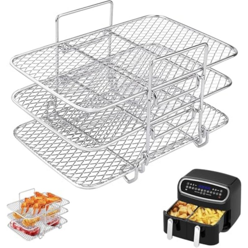 YelaJoy Air Fryer Racks, Air Fryer Accessories 3 layer Rack, Double Basket Air Fryers Rack 304 Stainless Steel Kitchen Air Fryer Accessories Fit Dual Basket Air Fryers 19.3 12.3 11.5CM - Image 2