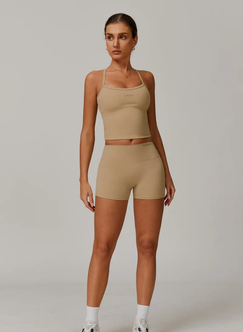KAWN.YOGA Tan Beige Womens Mid Waist Contour Workout Sport Yoga Shorts for Women | Best Price UAE