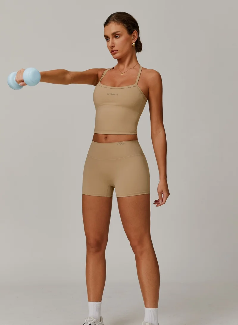 KAWN.YOGA Tan Beige Womens Mid Waist Contour Workout Sport Yoga Shorts for Women | Best Price UAE