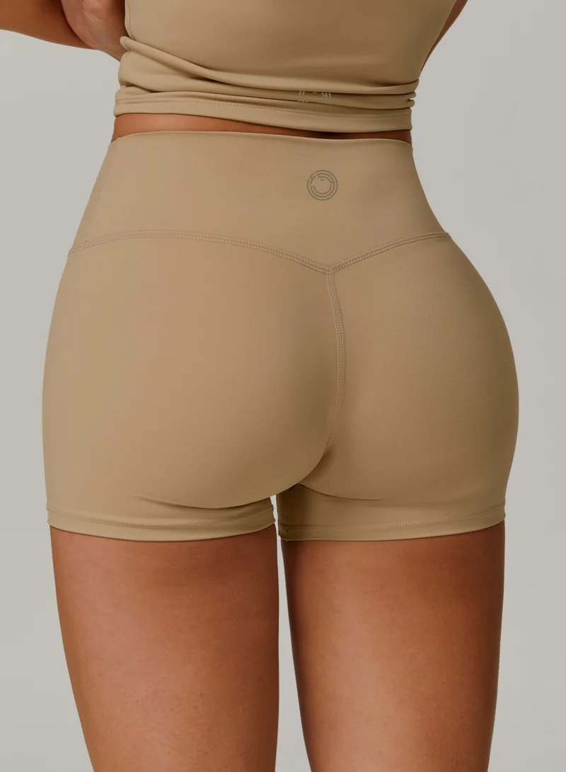 KAWN.YOGA Tan Beige Womens Mid Waist Contour Workout Sport Yoga Shorts for Women | Best Price UAE