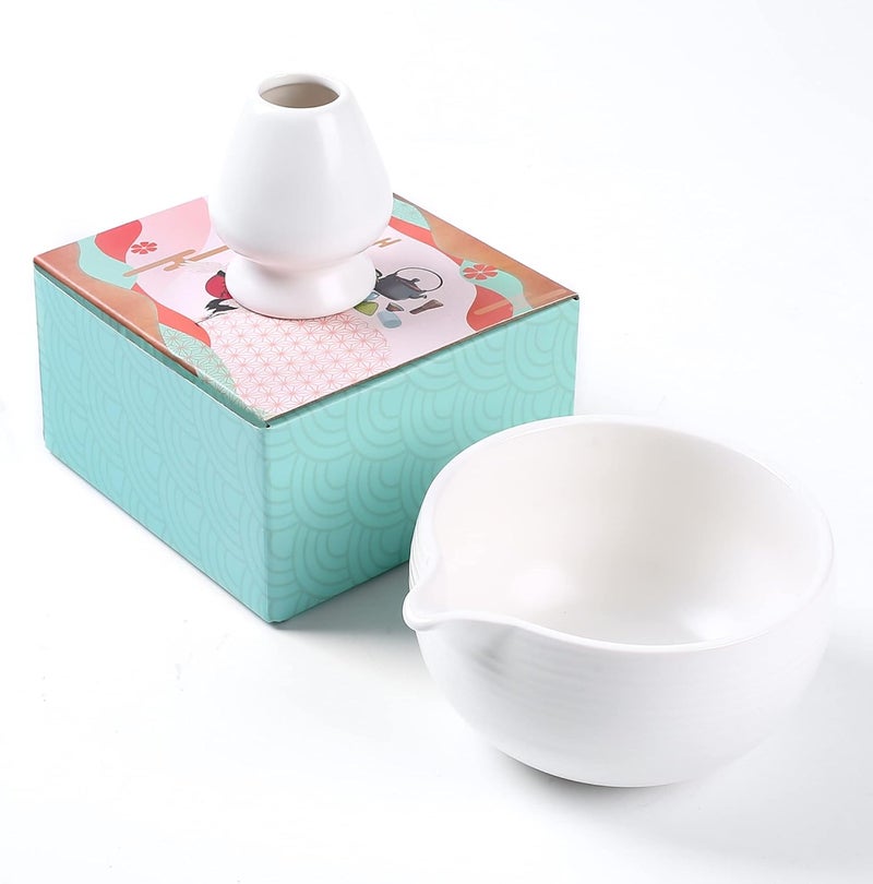 ZENRC Traditional Matcha Bowl and Chasen Rest- Handmade Modern Ceramic Japanese Matcha Tea Ceremony Kit- 22oz Big Salad Porridge Juice Bowl Cup and whisk holder (Ivory White) - Image 1