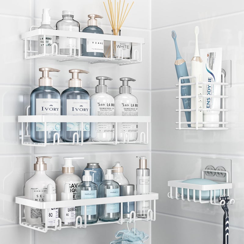 Liuoud Shower Caddy 5 Pack  Bathroom Shower Organizer Rack for Inside Shower  Adhesive Shower Shelf Shampoo Holder  Shower Basket  Metal Wall Storage  White - Image 1