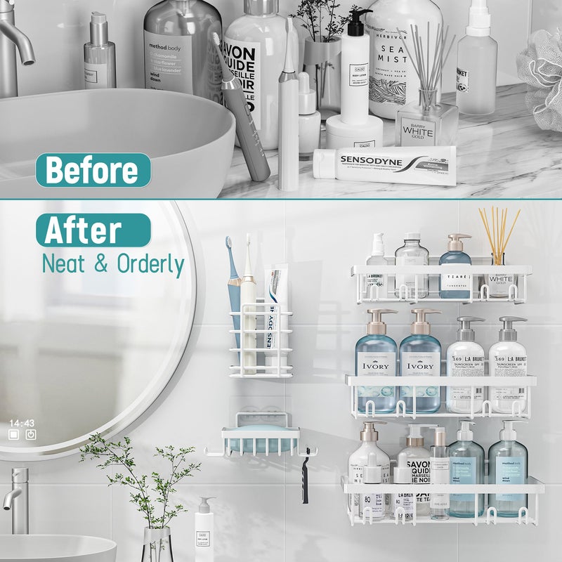Liuoud Shower Caddy 5 Pack  Bathroom Shower Organizer Rack for Inside Shower  Adhesive Shower Shelf Shampoo Holder  Shower Basket  Metal Wall Storage  White - Image 5