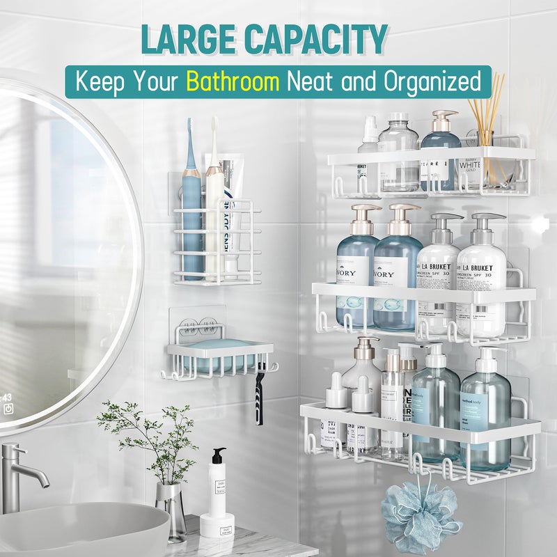 Liuoud Shower Caddy 5 Pack  Bathroom Shower Organizer Rack for Inside Shower  Adhesive Shower Shelf Shampoo Holder  Shower Basket  Metal Wall Storage  White - Image 2