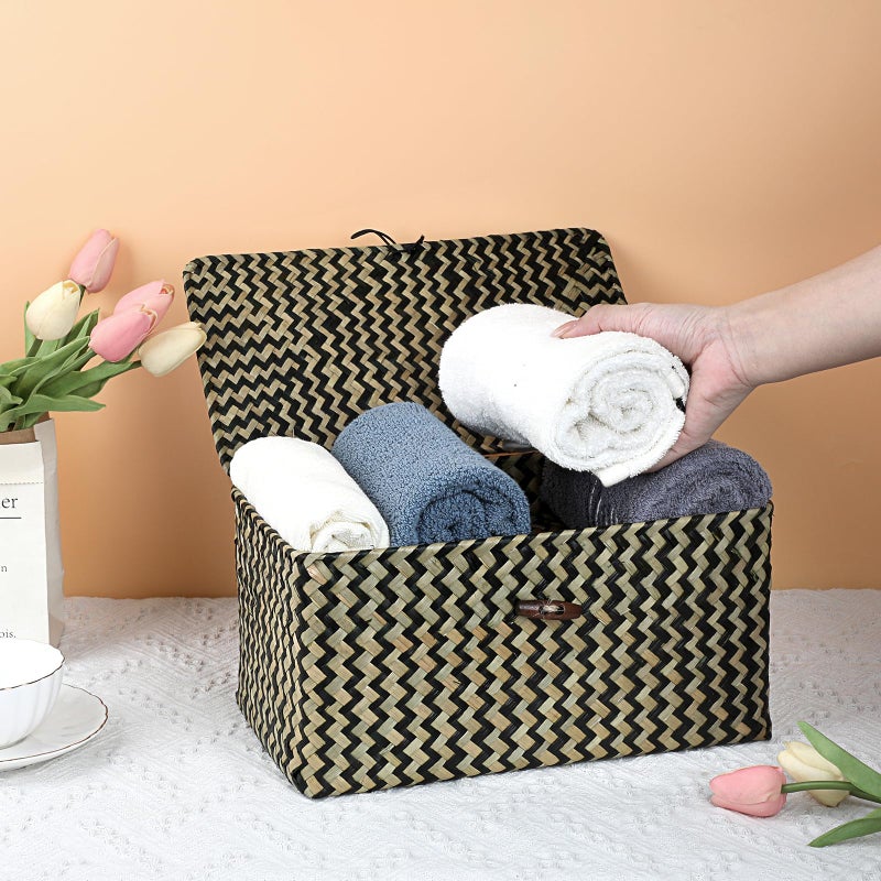 Hipiwe Wicker Shelf Baskets with Lid Seagrass Storage Baskets Handwoven Household Organizer Rectangular Woven Organizer Box for Storage Shelf Wardrobe,Medium - Image 5