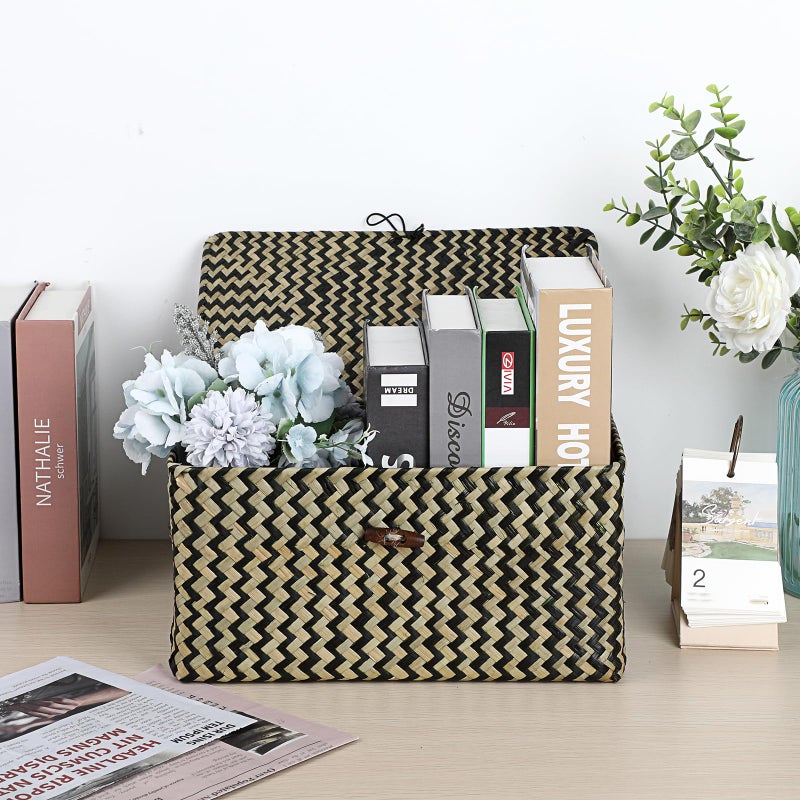 Hipiwe Wicker Shelf Baskets with Lid Seagrass Storage Baskets Handwoven Household Organizer Rectangular Woven Organizer Box for Storage Shelf Wardrobe,Medium - Image 2
