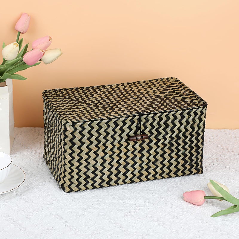 Hipiwe Wicker Shelf Baskets with Lid Seagrass Storage Baskets Handwoven Household Organizer Rectangular Woven Organizer Box for Storage Shelf Wardrobe,Medium - Image 4