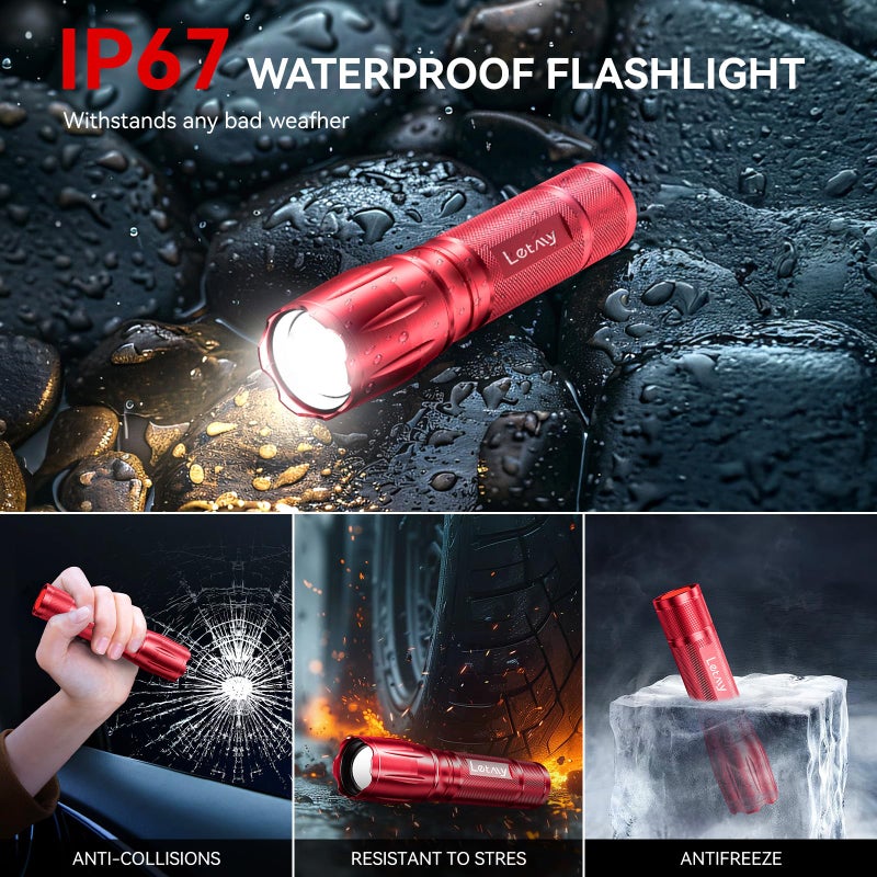 LETMY Tactical Flashlight - 2 Pack Bright Military Grade Flashlights High Lumens - Portable Handheld Flash Light, 5 Modes Zoomable Waterproof Flashlights for Home Emergency Camping- Red - Image 5