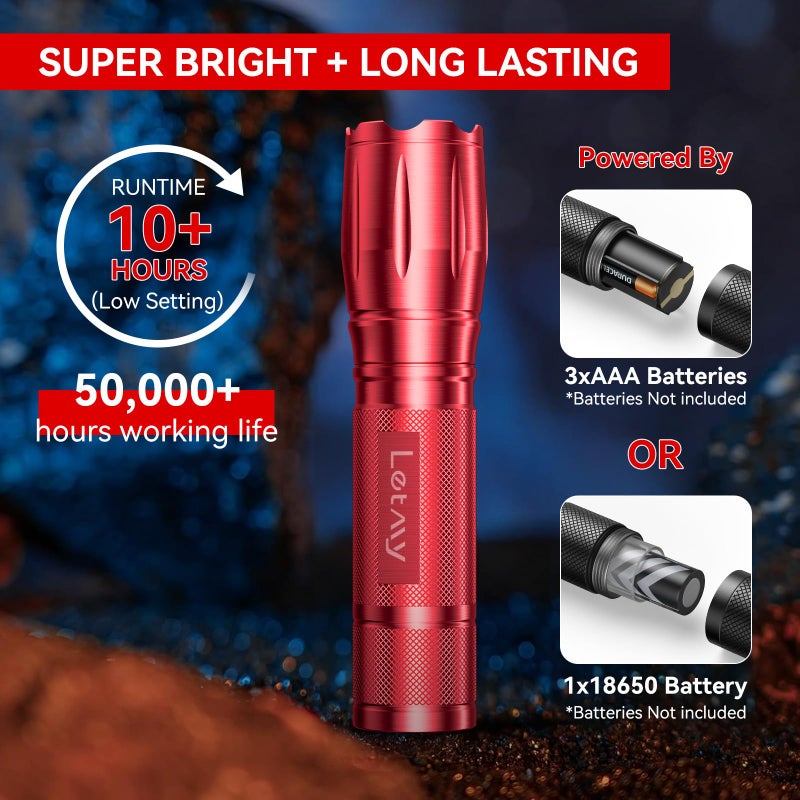 LETMY Tactical Flashlight - 2 Pack Bright Military Grade Flashlights High Lumens - Portable Handheld Flash Light, 5 Modes Zoomable Waterproof Flashlights for Home Emergency Camping- Red - Image 3
