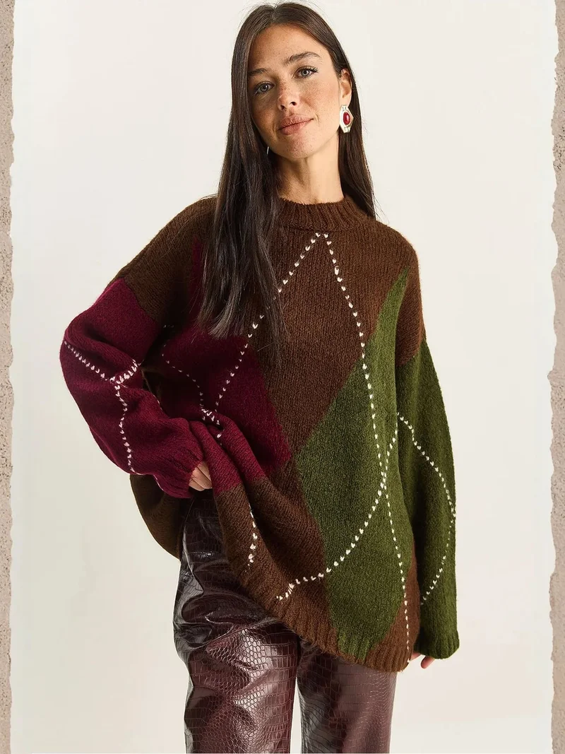 LUCCI Oversized Knitted Diamond Pattern Sweater