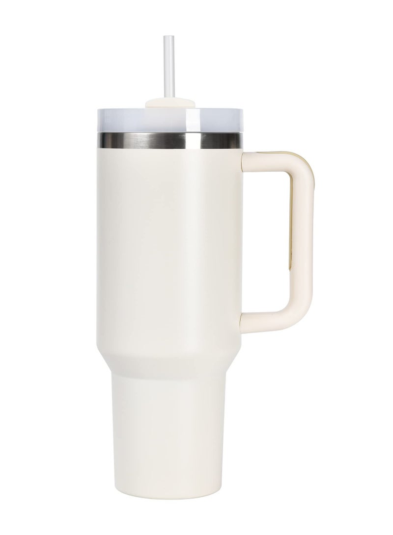 40oz Tumbler with Lid, Straw and Handle, Stainless Steel Vacuum Insulated Water Bottle Travel Mug for Iced Coffee, Hot and Cold Tea, Beverages (Beige)