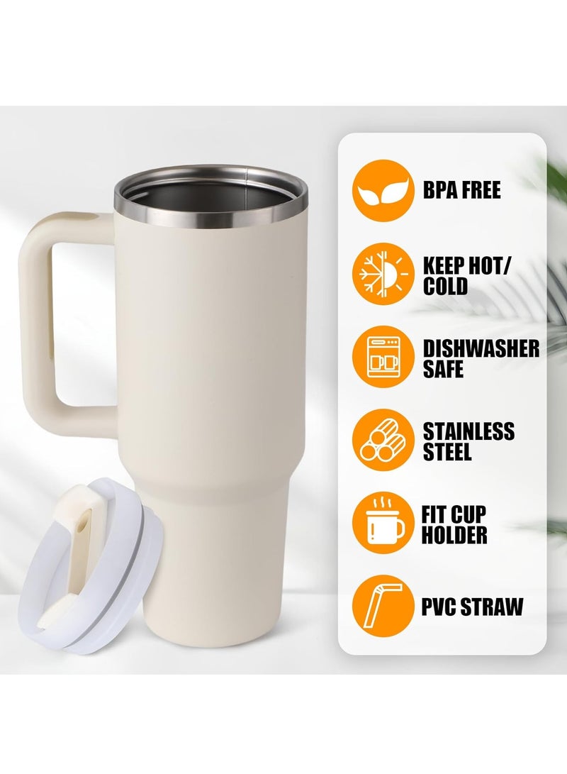 40oz Tumbler with Lid, Straw and Handle, Stainless Steel Vacuum Insulated Water Bottle Travel Mug for Iced Coffee, Hot and Cold Tea, Beverages (Beige)
