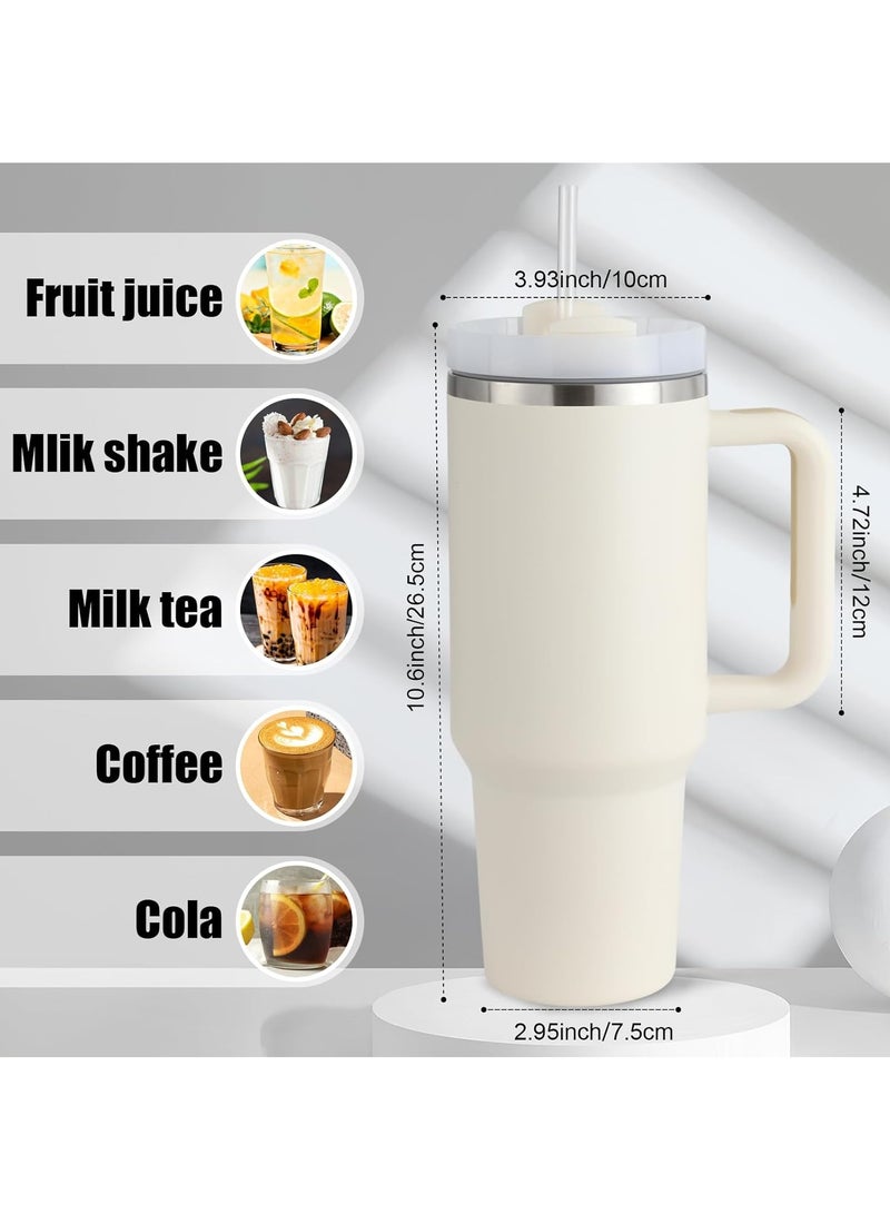 40oz Tumbler with Lid, Straw and Handle, Stainless Steel Vacuum Insulated Water Bottle Travel Mug for Iced Coffee, Hot and Cold Tea, Beverages (Beige)