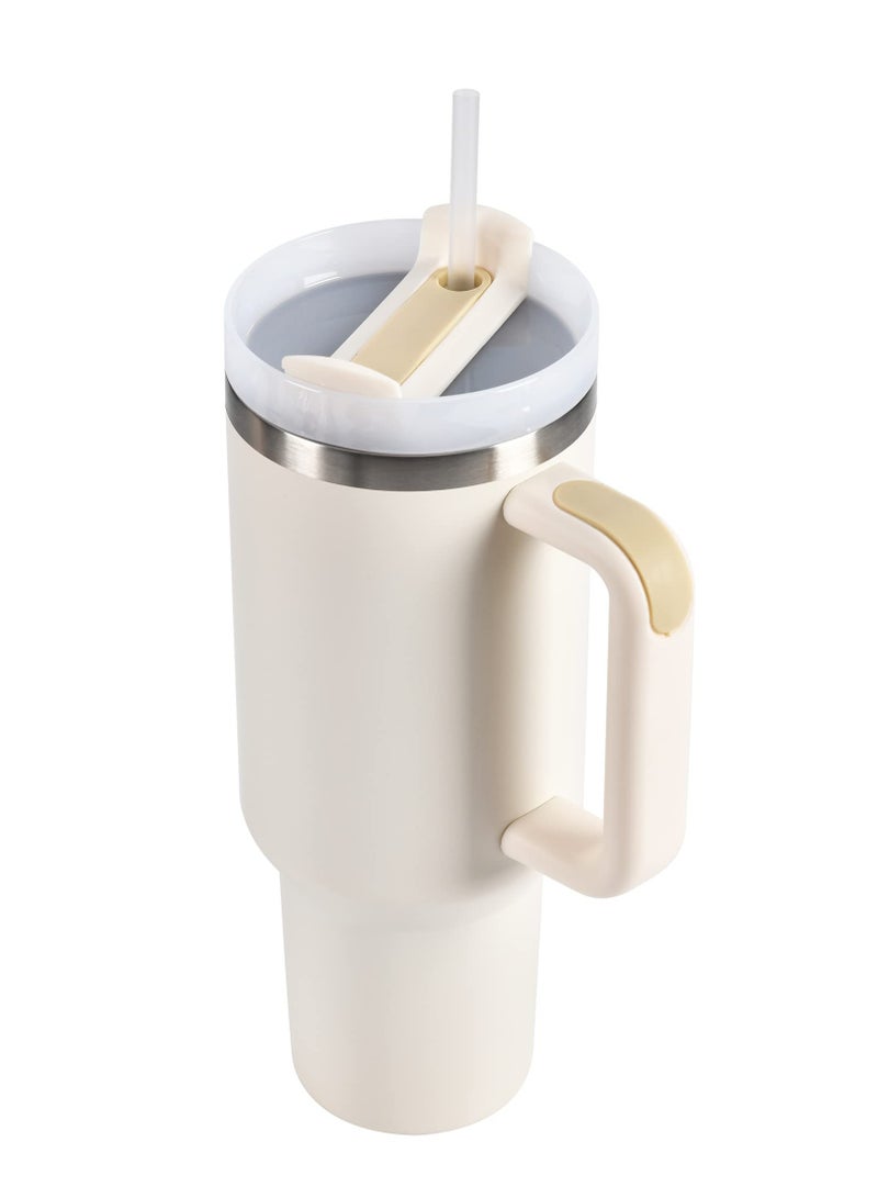 40oz Tumbler with Lid, Straw and Handle, Stainless Steel Vacuum Insulated Water Bottle Travel Mug for Iced Coffee, Hot and Cold Tea, Beverages (Beige)
