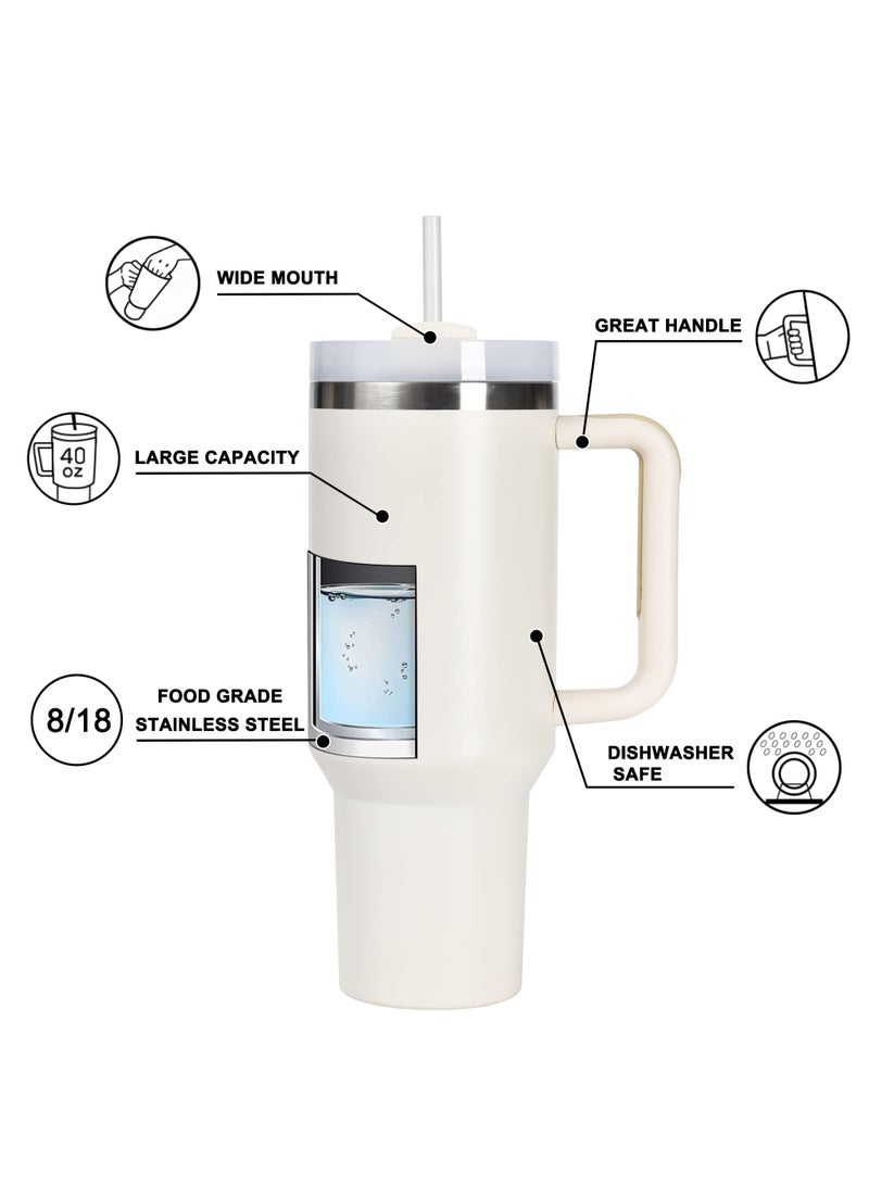 40oz Tumbler with Lid, Straw and Handle, Stainless Steel Vacuum Insulated Water Bottle Travel Mug for Iced Coffee, Hot and Cold Tea, Beverages (Beige)