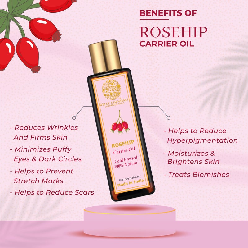 RYLLZ ESSENTIALS Rosehip Carrier Oil | For Hair care, Wrinkles, Fine Lines, Scars, Stretch Marks, Under Eyes, and Curly Hair | 100% Pure & Natural | cold-pressed & Extra Virgin Oil | 100ml - Image 4