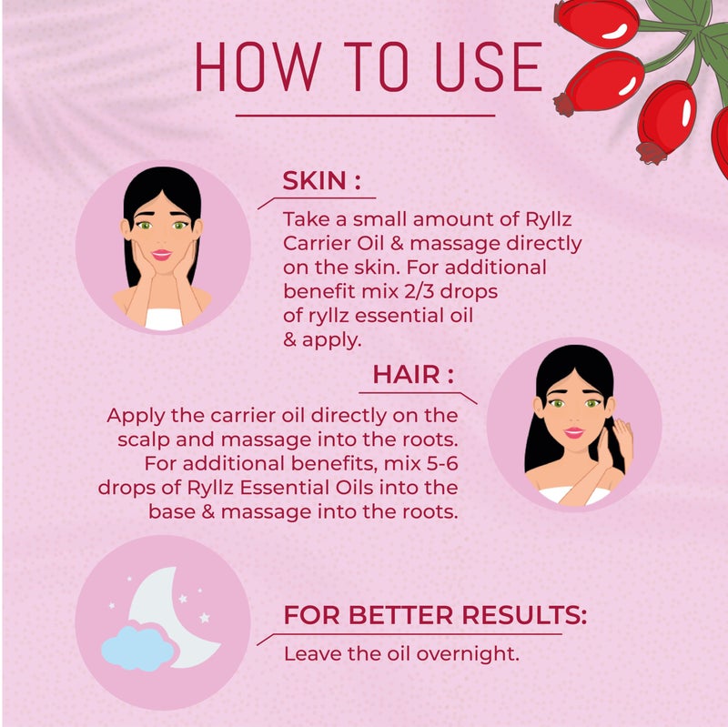 RYLLZ ESSENTIALS Rosehip Carrier Oil | For Hair care, Wrinkles, Fine Lines, Scars, Stretch Marks, Under Eyes, and Curly Hair | 100% Pure & Natural | cold-pressed & Extra Virgin Oil | 100ml - Image 5