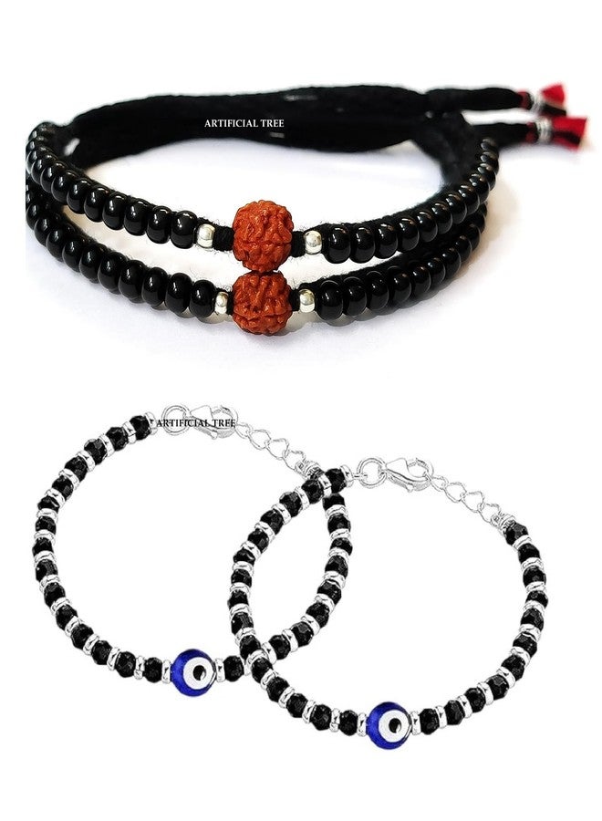ARTIFICIAL TREE 1 Pair Rudraksha Black Thread Nazariya Bracelet | 1 Pair Evil Eye Nazariya Adjustable Bracelet | Nazar Battu | New Born Baby to 6 Year Kids | 4 Piece (AT BABY BRCT 0014) - Image 1