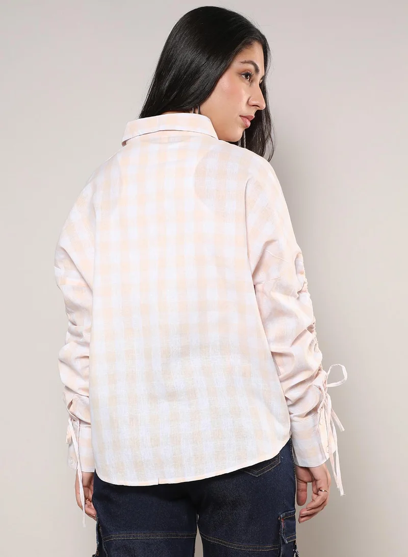 Campus Sutra Women's White & Peach Buffalo Check Shirt