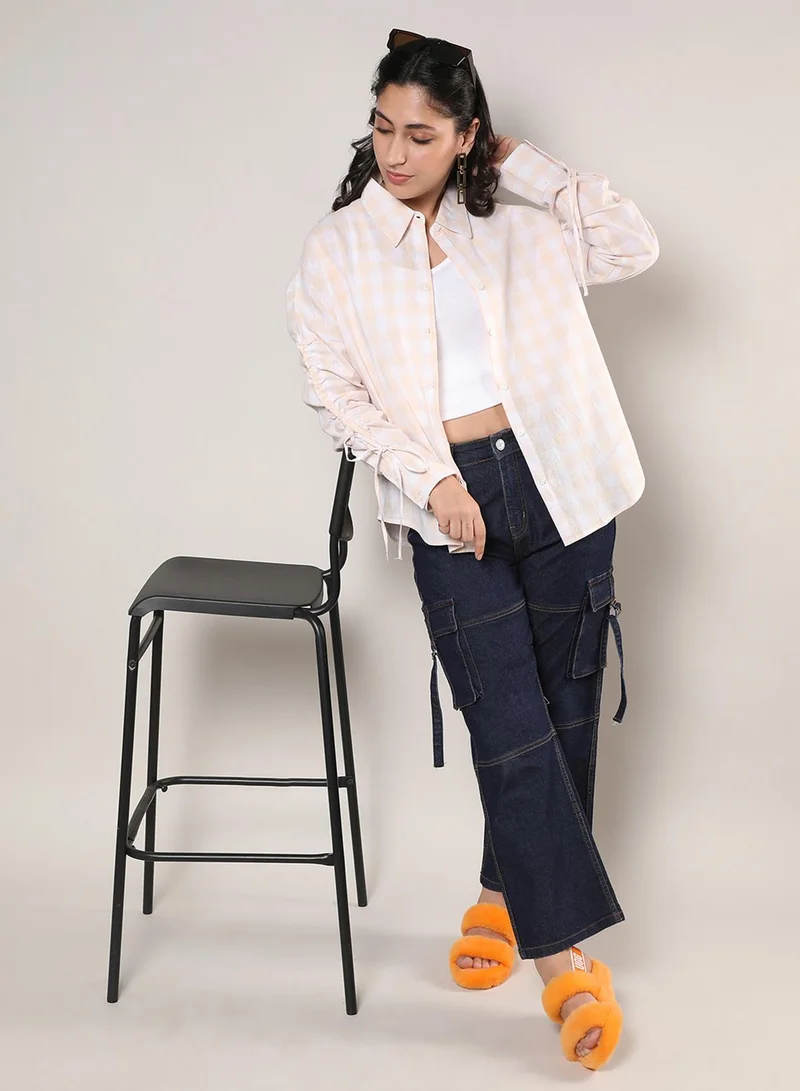 Campus Sutra Women's White & Peach Buffalo Check Shirt