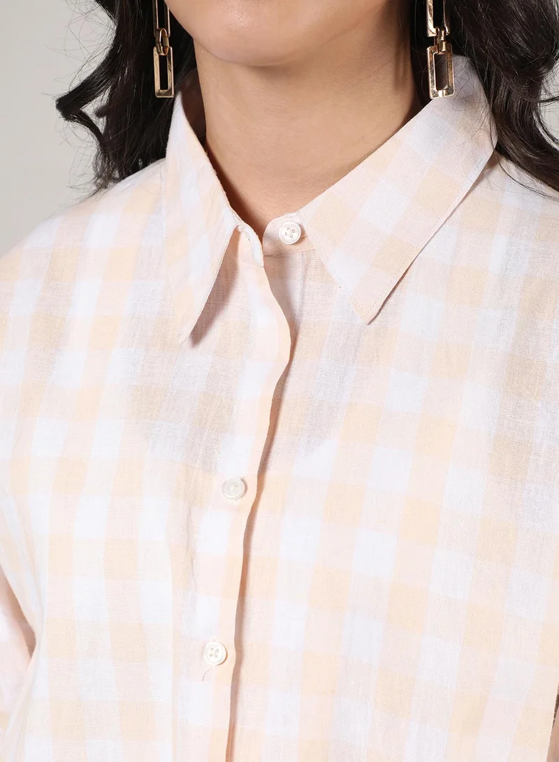 Campus Sutra Women's White & Peach Buffalo Check Shirt