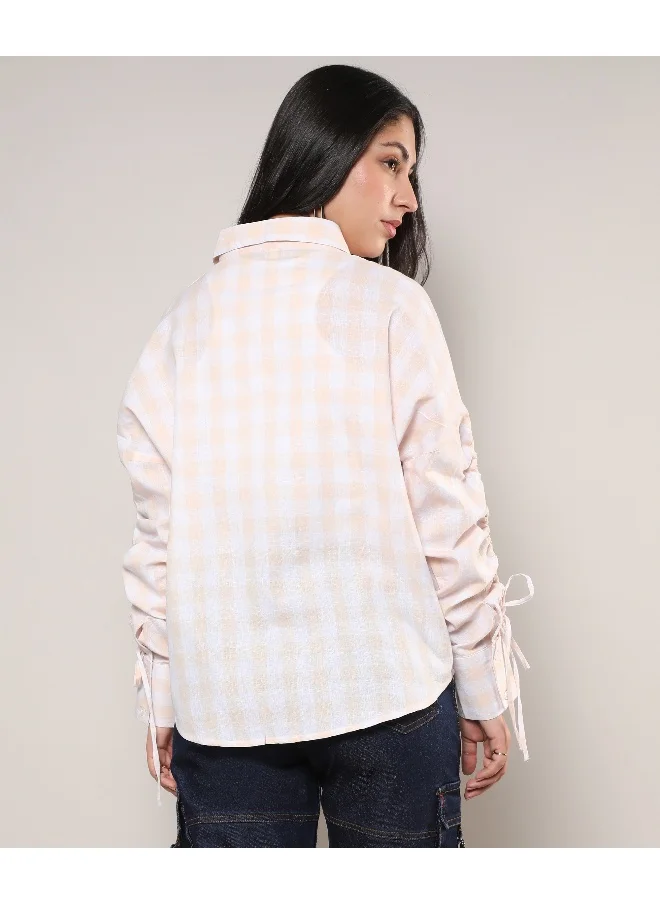 Campus Sutra Women's White & Peach Buffalo Check Shirt