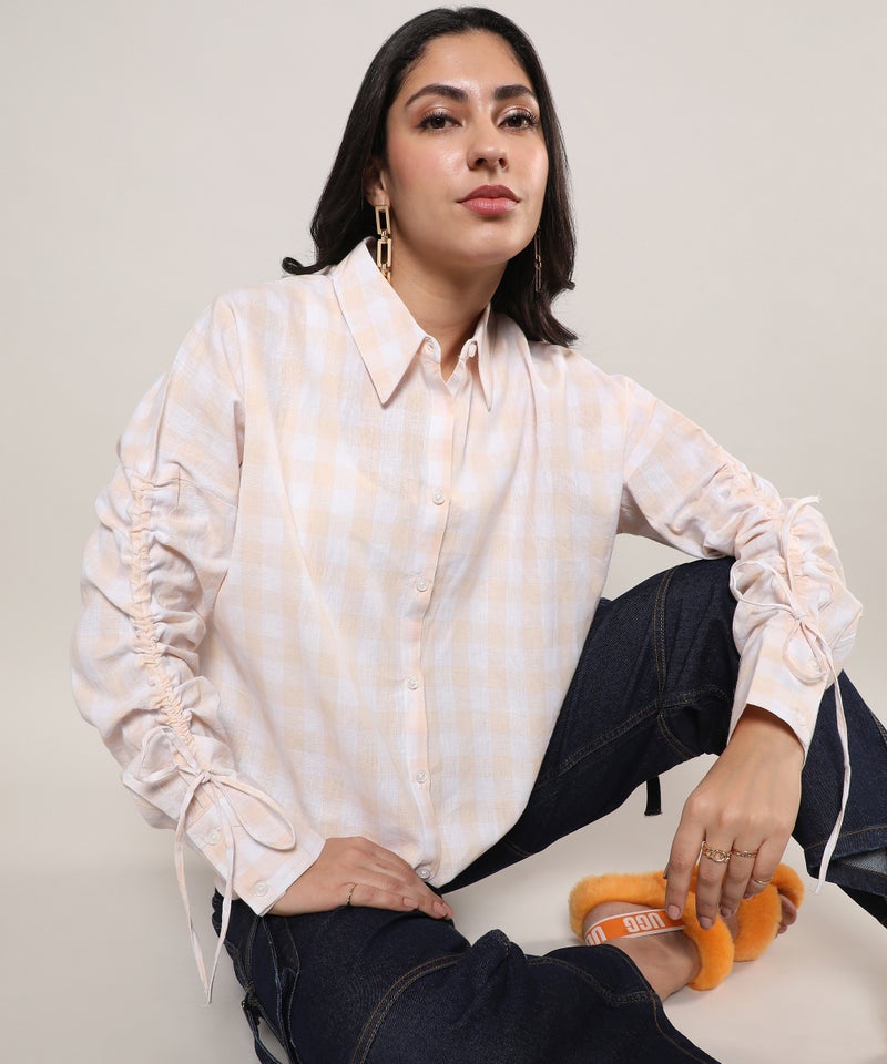 Campus Sutra Women's White & Peach Buffalo Check Shirt  - Image 1