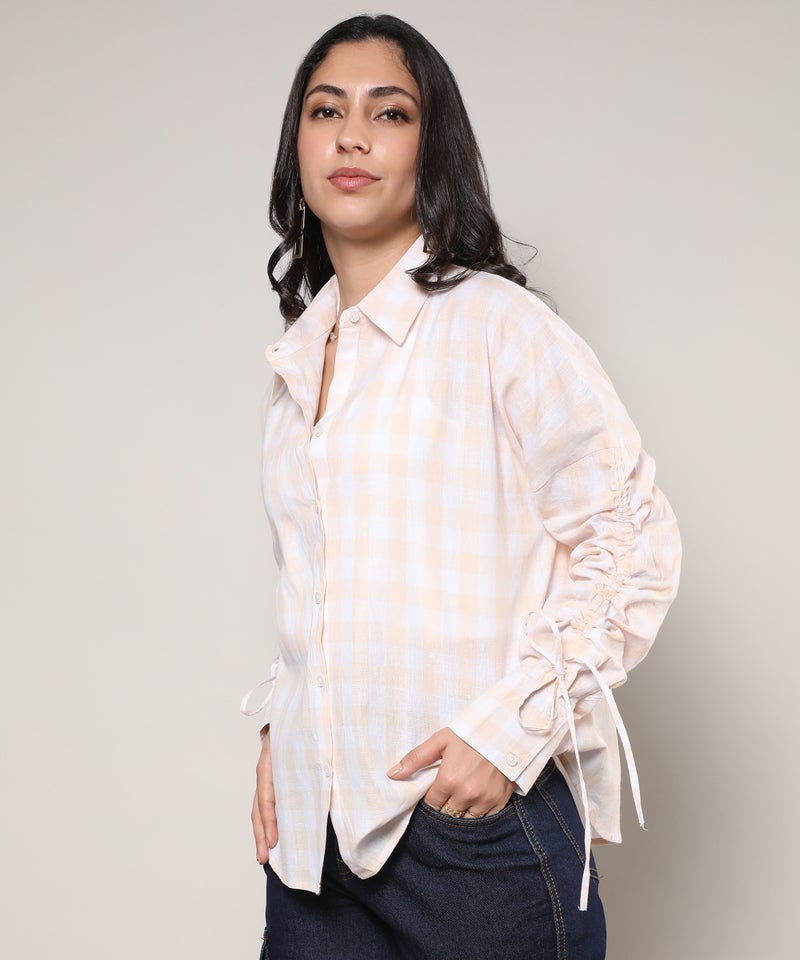 Campus Sutra Women's White & Peach Buffalo Check Shirt  - Image 3