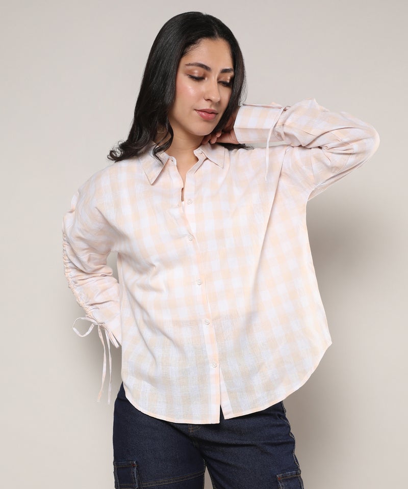 Campus Sutra Women's White & Peach Buffalo Check Shirt  - Image 2