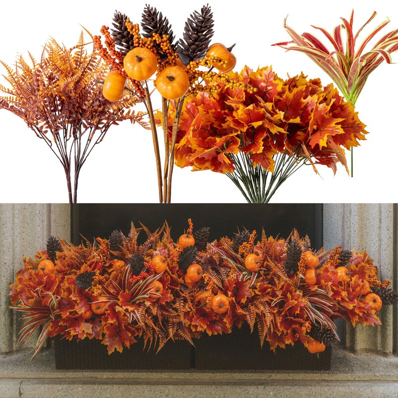 Clycaloor 13pcs Outdoor Artificial Maple Leaf Pumpkin Branch with Berry and Maple Leave for Indoor Outside Hanging Plants Garden Porch Window Box Home Wedding Farmhouse Dcor