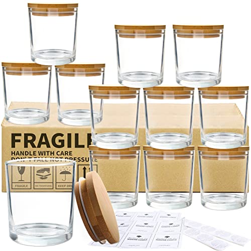 CONNOO 12Pack 10 OZ Clear Glass Candle Jars with Bamboo Lids for Making Candles, Large Size Empty Candle Tins with Wooden Lids, Bulk Clean Candle Containers - Dishwasher Safe - Image 1