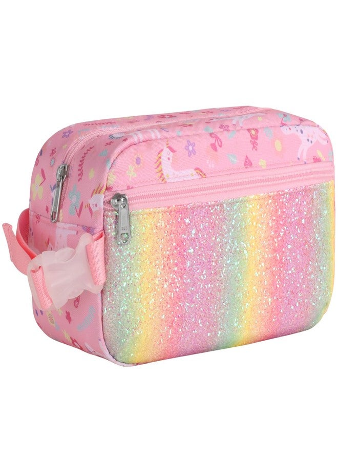 Bagseri Kids Snack Bag Girls - Reusable and Insulated Lunch Bag for Girls, Collapsible Small Lunch Box with Buckle Handle for School and Daycare, Glitter Pink Unicorn - Image 1