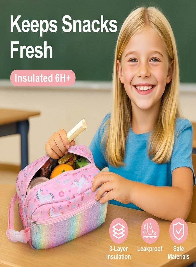 Bagseri Kids Snack Bag Girls - Reusable and Insulated Lunch Bag for Girls, Collapsible Small Lunch Box with Buckle Handle for School and Daycare, Glitter Pink Unicorn - Image 2
