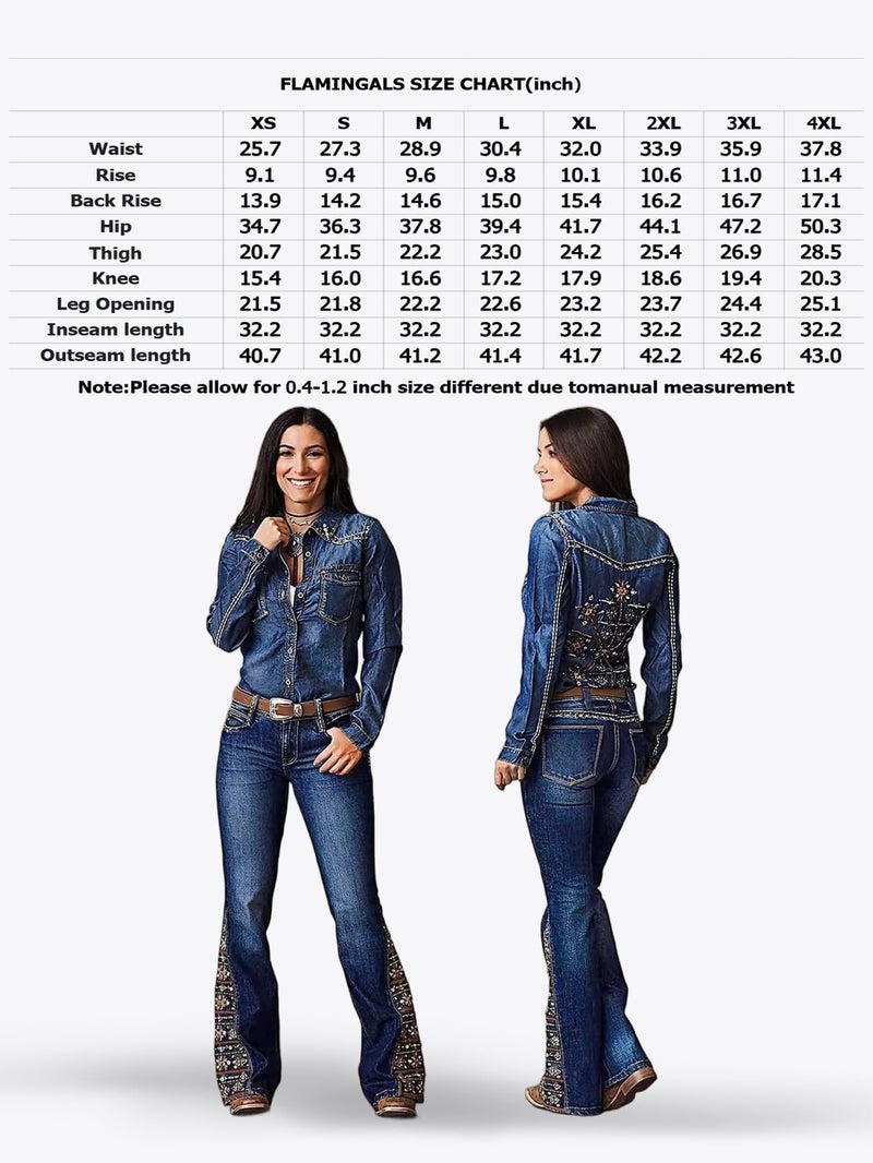 Flamingals Women's Floral Embroidery Mid Waist High Stretch Bootcut Jeans with Pockets Denim Deep Blue M - Image 4