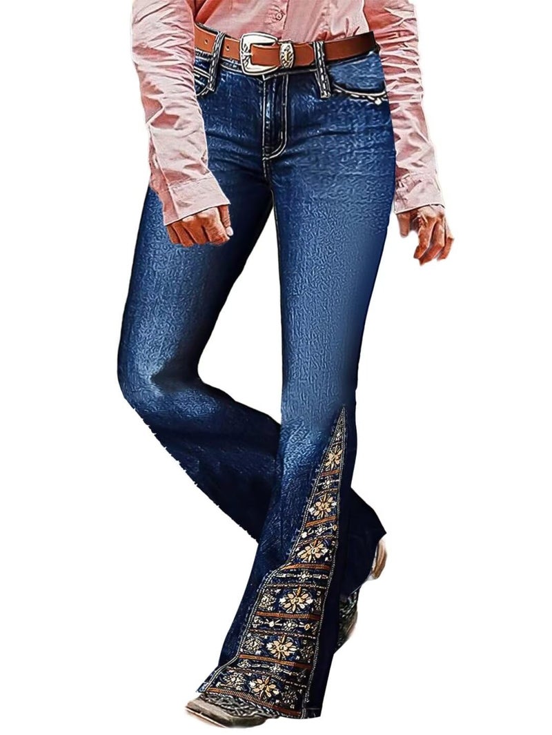 Flamingals Women's Floral Embroidery Mid Waist High Stretch Bootcut Jeans with Pockets Denim Deep Blue M - Image 1