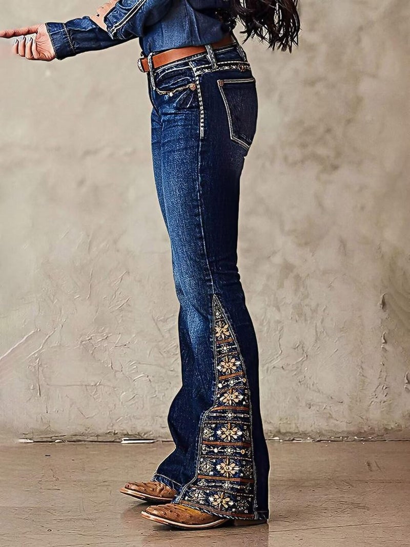 Flamingals Women's Floral Embroidery Mid Waist High Stretch Bootcut Jeans with Pockets Denim Deep Blue M - Image 2